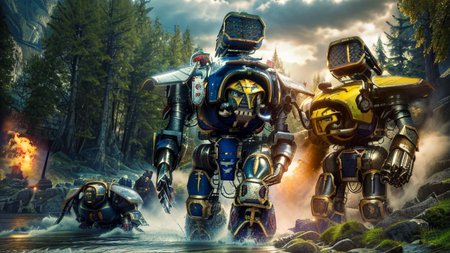 realistic analog photo, award winning photo,
 <lora:FantasyLandscape-10:0.75> fanlan, 
 <lora:Titans MK1 by CARAXES:1> titans, reaver, giant, massive size diffrence, marching across river,
RAW, highres, 8k, uhd, High Dynamic Range, tonemapping, crisp details,