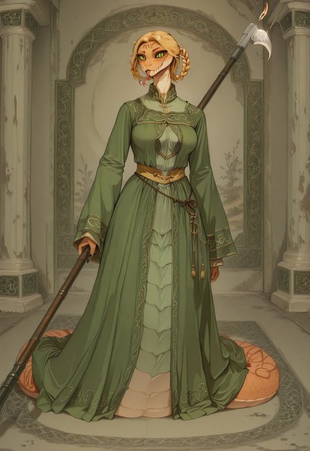 masterpiece,best quality,amazing quality, indoors, pillar
<lora:Anthropomorphic_snakes_Naga:1> anthropomorphic_snakes_(naga), 
ry4, blonde hair, braid, green eyes, braided hair rings, mole under mouth, slit pupils, solo
green dress, wide sleeves
smile, forked tongue, long tongue, tongue out, closed mouth, siiesfrtdeer, looking at viewer, grin, smug,
black aura, black energy, blood stain, casting spell, fighting stance, dynamic pose, foreshortening, standing, holding scythe, flaming weapon, menacing, full body,
dynamic pose, dutch angle, dynamic angle
<lora:Rya:1>,  <lora:forkedtongue_Illust_v1:1>,   <lora:Chinoiserie_Illu_Style:1> Chinoiserie, no humans, colored skin, fangs, facial mark, slit pupils, furry, colored sclera, black sclera, snake, scales, furry female, multicolored skin, snake girl, alien, lamia, squama, Snakegirl, Chinoiserie,  <lora:reptiloids_sdxl_v05_495-15-0:0.4> reptiloid, snake head,