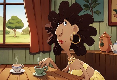 score_9, score_8_up, score_7_up BREAK MrgMLO, 1girl, brown hair, black eyes, lipstick, gold earrings, gold necklace,  strapless yellow bra, raffia skirt, drinking tea, island hut indoors, tea time,