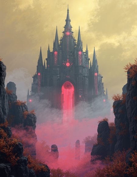 A wide-screen landscape on another planet, enveloped in a dense, neon-colored fog that blankets the entire scene with a surreal, glowing haze. The fog pulses in shades of grey-yellow, red, and beige, casting an otherworldly light across the terrain. Jagged, alien rock formations rise from the ground, their sharp edges softened by the mist. The landscape is barren, with patches of luminous vegetation glowing faintly in the distance, adding an ethereal quality to the alien world. In the center of the scene, towering above the mist, looms a massive, foreboding sci-fi fortress that resembles a hybrid between a medieval prison and a dystopian citadel. Its immense, monolithic structure is reinforced with thick, obsidian-like walls lined with pulsating red and violet energy barriers. Jagged spire-like towers rise ominously into the sky, each adorned with glowing runes and harsh, angular metal plating. The architecture is brutally functional, built for confinement and control, with massive barred windows, heavy blast doors, and towering watchtowers scanning the terrain with piercing searchlights. The fortressâs central keep is a grotesque fusion of gothic arches and cold, industrial machinery, its surface bristling with antennae, exposed conduits, and alien security systems. A series of colossal chains extend from its highest towers, vanishing into the dense fog as if anchoring the structure to unseen forces. Below, a deep chasm surrounds the fortress, filled with shifting, luminescent mist that swirls ominously around the base. The entire structure radiates a menacing presence, standing as a grim monument to control, imprisonment, and an ancient, unyielding authority. The painting is in the style of umesky. <lora:ume_sky_v2:1>