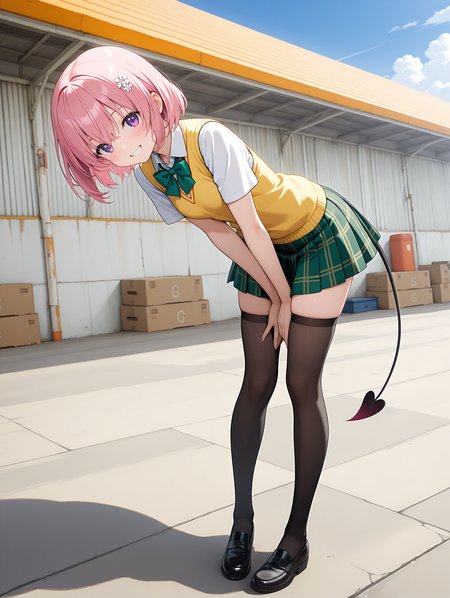 masterpiece,best quality,newest,
1girl,solo,
<lora:solas_ilxl_v1:1>,w_h,mountain,blue sky,cloud,warehouse,outer wall,
<lora:Fixhands_anime_bdsqlsz_V1:1>,<lora:momo_ilxl_v1.8:1>,momo,pink hair,purple eyes,short hair,h_o,hair ornaments,m_clothes,short sleeve blouse,yellow vest,green bowtie,green plaid skirt,demon tail,black_thighhighs,loafers,
looking_at_viewer,grin,light_blush,wide-angle lens shot,full body shot,wide_shot,long_shot,leaning_forward,