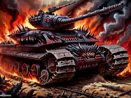 <lora:HorrorAI:.8> demonmawAI  battle tank, Highly detailed, horror setting, intricate detailed background