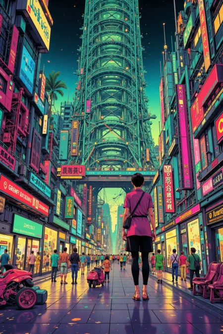 a cyberpunk futuristic mall beautiful landscape, wind, woman, very intricate, very detailed, sharp, bright, colorful, <lora:Hand v2:0.5> <lora:Anti-Blur:1><lora:Insane Detail Slider:0.25>  <lora:flux.1_lora_flyway_Epic-detail_v2:0.3> <lora:fluxenhancer:0.25> <lora:ROWER:0.6> <lora:flux-charmer-v1-1:0.4>>   <lora:90s-anime:1> retro anime, 77oussam 90s, 1990s anime