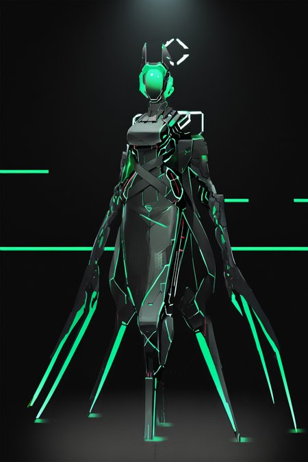 score_9, score_8_up, score_7_up, score_6_up, score_5_up, score_4_up, BREAK, source_anime, solo, 1girl, rating_safe, ((mature female)), ((long green flowing hair)), mechanical parts, ((plastic, polymer, metal body)), (big mechanical rabbit ears), mature female, (bunny ears), (animal ears), subdermal port, ((milf, mature female, big breasts)), hexagon lines in skin, naval uniform overcoat, naval uniform, white military uniform, dress_uniform, ribbons, ((red eyes)), bunny tail, rabbit tail, aiguillette, ((green hair)), ascot, ((Aerial view Close shot (focus on waist), Kneeling with one hand on the floor )), pilot suit, shoulder cutout, bunny rabbit Tail, ((hair over one eye, )), digitigrade, clawed feet, minimal clothes, ((metal skin, shiny skin, vampire aesthetic, digital eyes, filled eyes, monochromatic eyes, glowing eyes, colored sclera, red sclera, mechanical eyes, partially shaded face, slit pupils, angular, minimal face, minimalism, narrow eyes, large eyes)), (anubis \(mythology\), anubis \(mythology\), ), <lora:Pony_DetailV2.0:1.5>, <lora:age_slider_v4:4>, ((dark, shaded, black background, horror, GREEN HAIR,)) <lora:ECHANIS:0.7>,  <lora:HORiZON_DOLLS_by_EchanisEnicha:1> Robot girl