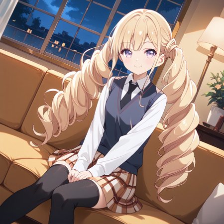 masterpiece, best quality, score_9, score_8_up, score_7_up, full body, 1 girl, looking at viewer, cowboy shot, dutch angle, indoors, sitting on couch, living room, night, blush, smile, Shia Foschurose, blone hair, twin drills, twintails, purple eyes, school uniform, sleeveless sweater vest, white shirt, black tie, long sleeved shirt, plaid skirt, black thighhighs, brown loafers