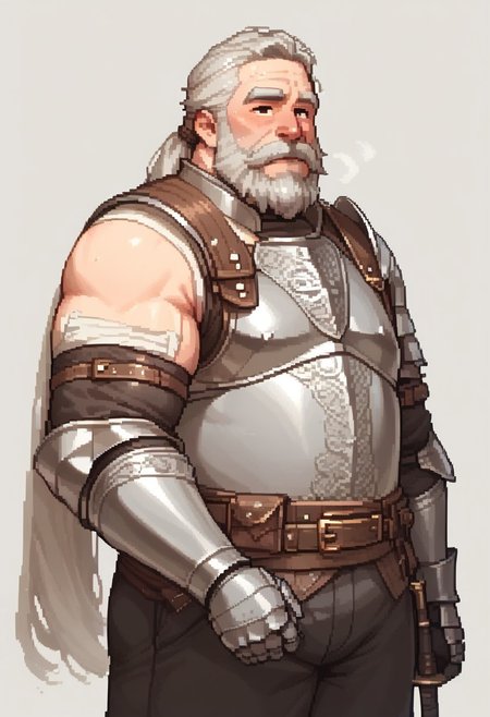 score_9, score_8_up, score_8, BREAK, solid background, Pixel_Art, direct light, no background, 
Dark Grey hair,  long ponytail, 
1boy, Oldman,((Fatoldman, fat, plump)), facial hair, long beard, hairy, beard, mature male, solo, 
O,
Brown eyes, medieval fantasy,brown leather pants, posing, metal armour, knight armour, great sword, leather gloves, metal armour, plate armour, chain mail,plate armor