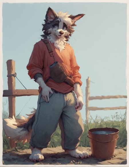 <lora:MegaFluffyPony:0.8> MegaFluffyPony, furry, fluffy <lora:by_latrans-v2s400:1> by latrans
source_furry,  female border collie fisher, wearing fishing outfit,  standing on a dock, holding a metal bucket, sunny, blue sky, full body, neutral expression, calm eyes, score_9, score_8_up, score_7_up, score_6_up, score_5_up,