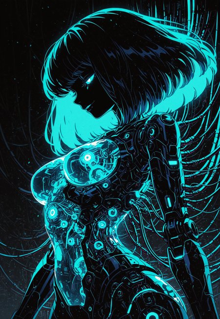masterpiece, best quality, amazing quality,  high resolution, aesthetic,  robot girl, ((robot body)), robot joints, proud, medium breasts, wide hips, (big lips:0.6), metal body, medium hair, big hair, glowing blue details, rim lighting, naughty face, scifi, side view,transparent body, thick cables everywhere, machine code, circuitry, DRKWB