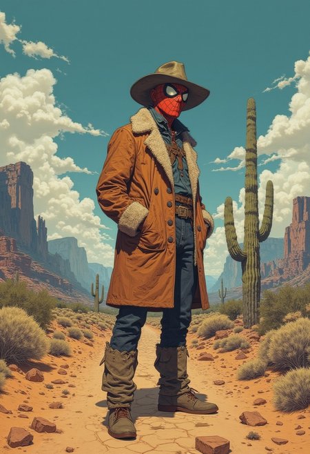 A highly detailed, realistic illustration with a vintage, retro aesthetic ((By Phandigrams)) depicts a lone figure standing in the vast Texas terrain, surrounded by rugged mountains, towering cacti, and an endless blue sky dotted with drifting clouds. The figure wears a thick, fur-lined coat of deep russet and dusty gray, its coarse texture hinting at years of wear against the harsh desert winds. A classic Spiderman mask, with its bold red hue and signature black webbing, contrasts sharply against the earthy tones, the white eye lenses gleaming under the sun. A wide-brimmed, weathered cowboy hat sits atop their head, casting a long shadow over their masked face, blending an iconic superhero identity with the rugged essence of the Old West. The terrain stretches endlessly, dry and untamed, with golden sand, cracked earth, and scattered brush leading up to jagged mountain peaks that rise in the distance. Cacti stand like silent sentinels, their deep green spines catching the light. Wisps of clouds drift lazily across the sky, breaking up the sunlit expanse. The illustration captures a unique fusion of nostalgia and surrealism, merging vintage Western grit with the timeless allure of masked heroism, evoking a sense of adventure, mystery, and cinematic grandeur.