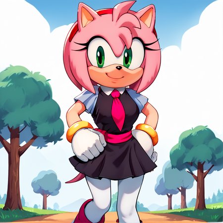 score_9, score_8_up, score_7_up, score_6_up, score_5_up, score_4_up, BREAK,   <lora:amyrosesonicxoutfit:1>, arsonicxoutift, black dress, short dress, white pantyhose, pink necktie, pink sash, short sleeves hands on hips, outside, pink boots,  animal ears, amy rose, 1girl, animal nose, furry female, pink fur, pink hair, green eyes, solo, furry, outside, trees, clouds, detailed,  white gloves, medium breasts, looking at viewer, smile,  <lora:Amy_Rose:1> <lora:BoldCAT_P3:1>