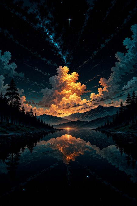 <lora:Anime_Sky:1.5> AnimeSky style.   (Vibrant sky with an intense extravaganza of various intricate clouds :1.2).  The image is a digital illustration in the style of digital fantasy art, depicting a breathtaking, starlit scene of a serene, mirror-like lake surrounded by a forested landscape. The lake's surface is a perfect reflection of the vibrant sky above. The sky is a gradient of dark navy blue transitioning to a deep indigo at the top, speckled with countless stars and a shooting star streaking diagonally from the upper right corner towards the left.  Above the horizon, the sky is ablaze with a spectacular display of orange, yellow, and pink clouds, reminiscent of a sunset or sunrise, creating a warm glow. These clouds are depicted with a swirling, dynamic texture, suggesting motion and depth. On the left side of the image, a line of tall, dark silhouetted trees stretches across the horizon, their tops barely visible. The right side of the image shows a slightly more rugged terrain, with dark silhouettes of trees and distant mountain ranges.