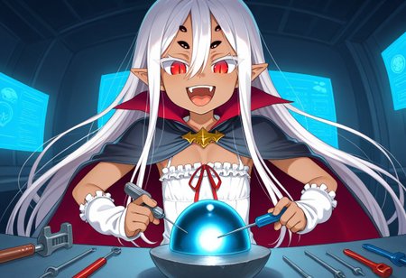 ((taimanin anemone, spider girl, dark-skinned female, expressive face, very long white hair, hair between eyes, pointy ears, red eyes, slit pupils, 6extra dark eyes, flat chest, white short dress, front chest ribbon, long black cape, white fingerless arm warmers)):1.3),
(1girl, solo, happy, mouth, open teeth, dumb face),
((demon_core, meme_demon_core, meme, screwdriver, holding screwdriver, blue light, blue radiation, ):1.3),
(score_9, score_8_up, score_7_up, score_6_up, masterpiece, best quality, newest, amazing quality, highres, enhanced colors, colored shadows, smooth edges, dynamic angle, wide shot, blending)