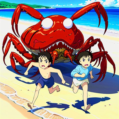 Dressed for swimming teenagers ((boy and girl)) are running fast from a giant evil crab on the seashore,  <lora:animagineXL-v8:1>, ghibli art style,  <lora:add-detail-xl:2>