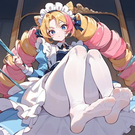 score_9, score_8_up, score_7_up, score_6_up, score_5_up, score_4_up,
1girl, blue eyes, multicolored hair, blonde hair, pink hair, twin drills, maid headdress, feet, white pantyhose,
 <lora:gwen_cafe_cuties_pony_v1:1>