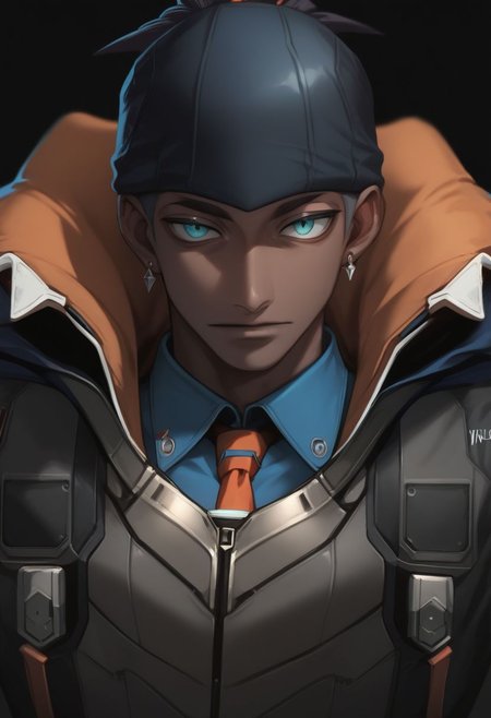 score_9, score_8_up, science fiction, exploration bodysuit, solo, 1boy, male focus,  dark-skinned male,  looking at viewer, raihan_hat, hoodie, collared shirt, earrings