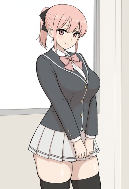 masterpiece, best quality,
 <lora:Urakan:1> 0r4k4n, 1girl, solo,standing,looking at viewer, happy, closed mouth,pink hair, ponytail, pink eyes,school uniform, bow, long sleeves, skirt, skindentation, thighhighs,