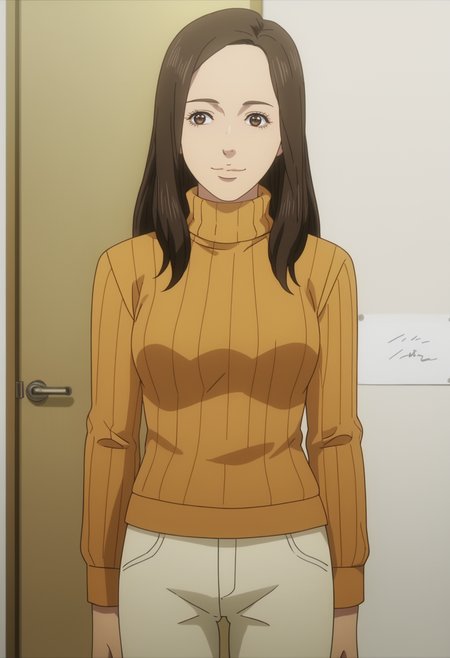score_9, score_8_up, score_7_up, source_anime, BREAK 1girl, solo, cowboy shot,  <lora:DX888Misaki:1>, shimizu misaki, brown hair, brown eyes, long hair,  anime screencap, knees together feet apart, standing,  turtleneck sweater, ribbed sweater,  pants,  smile,