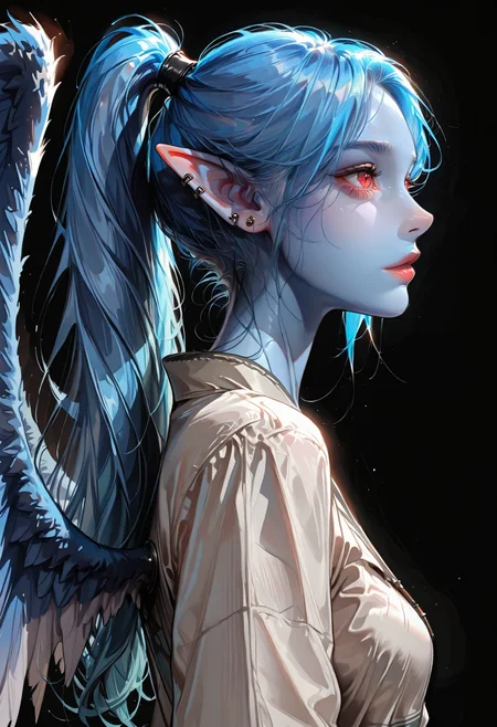 1girl, solo, jewelry, earrings, pointy ears, long hair, wings, colored skin, blue hair, black background, upper body, from side, profile, ponytail, ear piercing, blue skin, red eyes, piercing, simple background, breasts, elf
<lora:DetailedEyes_V3:1> <lora:USNR_STYLE_ILL_V1_lokr3:0.45> usnr <lora:ponyv6_noobV1_2_adamW:0.9> <lora:GENESIS_MK0.2:0.5>  <lora:KoreanStyleSDXLvpred10:1> AiKoreanStyle, lips, korean, asian <lora:KRGRL-IL:1>