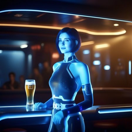 cinematic photo full body portrait 1girl, short hair, blue skin, science fiction, transparent hologram, having a beer in a spaceship  pub  <lora:Cortana1024:0.8> . 35mm photograph, film, bokeh, professional, 4k, highly detailed