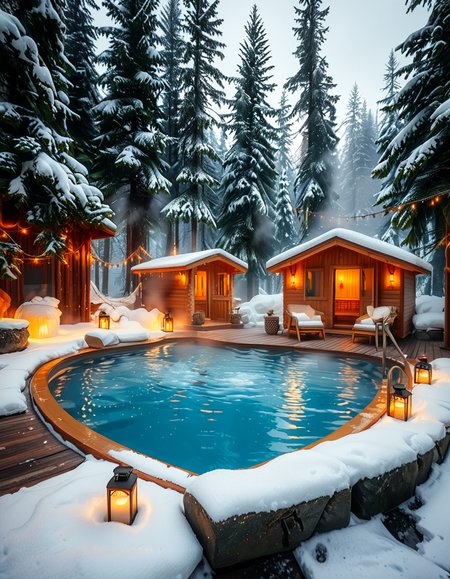 A breathtaking Nordic spa in the heart of a snowy forest, surrounded by tall evergreen trees. The scene captures a steaming outdoor hot pool with crystal-clear water, reflecting the soft glow of ambient lighting. A rustic wooden cabin with a snow-covered roof stands nearby, serving as a relaxation area. Wooden lounge chairs with neatly folded white towels are placed around the pool. A stone pathway, lightly dusted with snow, leads to the water, illuminated by warm, soft lanterns. A few people are seen enjoying the spa, some wrapped in cozy robes while others relax in the steaming water. The atmosphere is serene and tranquil, with mist rising from the hot pool, contrasting with the cold winter air. The lighting is warm and inviting, creating a perfect balance between natural beauty and luxurious comfort.
<lora:SDXLFaeTastic2400:0.4> <lora:extremely_detailed:0.4> extremely detailed, <lora:Nordic_sp4:1>,Nordic sp4, Masterpiece,best quality,hi res,8k,hi res,8k,award winning,(sharp focus, intricate, highly detailed),