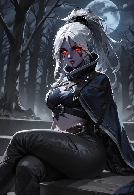 safe_pos, score_9, score_8_up, score_8, BREAK, outdoors,night,dim light,in forest,on mossy brick staircase,from sideways,arcdrow, purple colored skin,1girl, solo,  sitting,crossed legs, looking at viewer,smile,beautiful face,lips,beautiful eyes, red eyes,glowing eyes,half closed eyes,white hair, long hair, ponytail, braided sidelock,(curvy:1),medium breasts,huge thighs,huge hips,BREAK, blue cape, gloves,midriff, crossed belts, pants