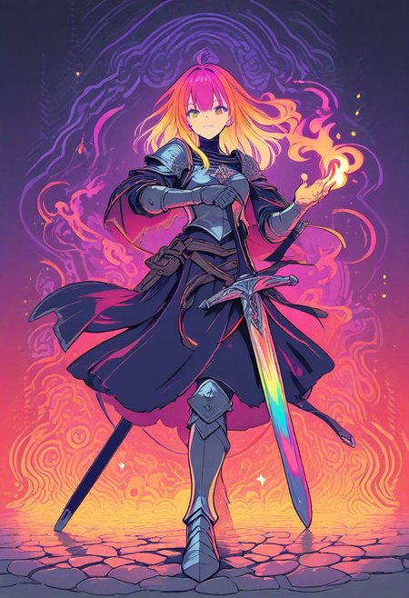 an illustration of a medieval sword incrusted on  a stone bathed in a neon colorful flame.