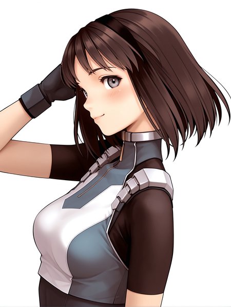 masterpiece,best quality,newest,
1girl,solo,
<lora:nagase_mari_ilxl_v1.0:1>,mari,black hair band,bob_cut,brown hair,grey eyes,
r_suit,turtleneck,skin tight,bodysuit,crop top,short sleeves,fingerless gloves,leotard,
<lora:Fixhands_anime_bdsqlsz_V1:1>,cinematic_angle,dynamic_angle,white_background,simple_background,face_focus,looking_at_viewer,light_blush,smile,upper_body,hand_in_hair,profile,from_above,from_side,