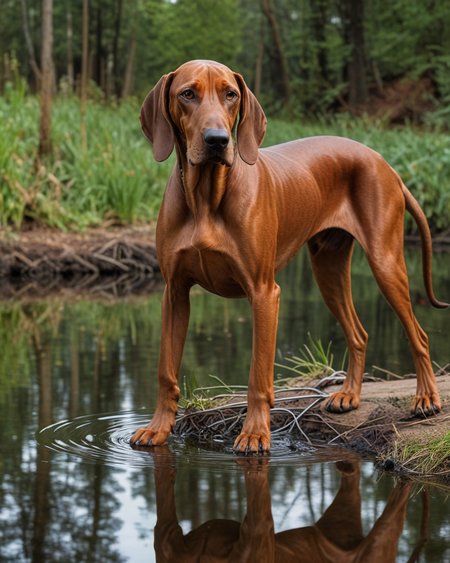hauntingly beautiful bioengineered Redbone Coonhound, metal, wires, mechanical cybernetic implants, transparency, shiny, sheen, outdoor landscape, water, reflections, ziprealism, <lora:add-detail-xl:0.75>  <lora:xl_more_art-full_v1:0.5>