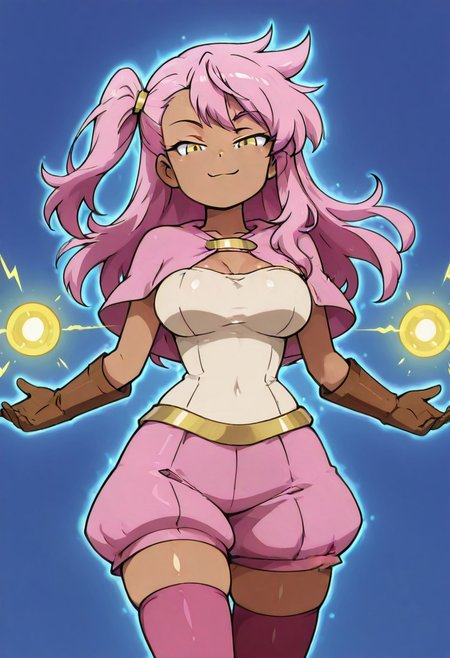 masterpiece, best quality, solo, curvy, beautiful eyes, narrow waist, large breasts, 1girl, solo, smile, looking at viewer,    zzKuro, yellow eyes, pink hair, long hair, one side up, dark skin, capelet, white shirt, brown gloves, puffy shorts, pink thighhighs, zettai ryouiki,  ,
,vivid aura, looking at viewer, blue background, smug, aura, super saiyan, charging energy, energy ball, energy, lightning,