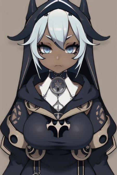 Devil, horns, body mods, huge breasts, thick thighs, muscular, ((dark tan skin)), white hair, ((navy hair streaks)), short spiky scene hair, slanted blue eyes,blue tribal cloud tattoos, non human, monster girl, bad ass, ((nun)), huge fluffy white scarf, (( hooded jumpsuit)), ((steampunk)), ((y2k aesthetic)), black, white, navy, light blue, 3d render, chibi, ((Kaeya Alberich inspired outfit)), poofy hair, eyeliner, emo, emo makeup, goth, wrench_genshin_style, chara-sheet