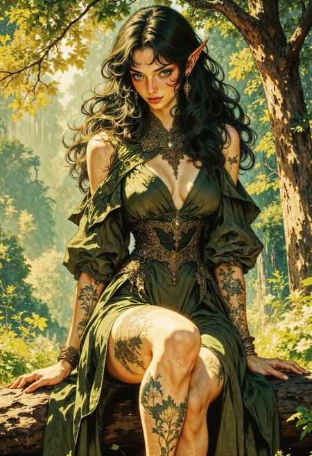 a fantasy-style depiction of an elf-like character in a lush forest setting. The character has long, dark green hair and pointed ears, with fair skin. She is wearing a form-fitting, green dress adorned with leaf patterns, which blends seamlessly with the surrounding foliage. Her facial features are delicate and expressive, with a slight smile. The background is a vibrant forest with sunlight filtering through the trees, casting dappled light on the character. The overall color palette is rich in greens and browns, enhancing the natural, mystical atmosphere. The character's pose is relaxed, sitting on a log with one leg slightly raised, revealing a detailed tattoo of flowers and leaves on her thigh. The artwork is highly detailed, emphasizing the interplay of light and shadow, and the intricate design of the character's attire and surroundings.