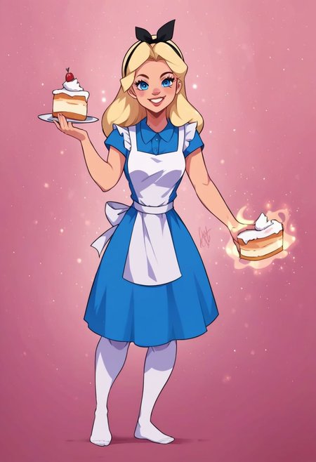 , anibody, FULL BODY, IN FRONT
,core_9, score_8_up, score_7_up, score_6_up, AliceWaifu in a magic murshroom world, magic particles, leaning forward, cute pose, medium breasts, narrow waist, wide hips, thick thighs, cinematic, naughty face, smile, blue eyes, blue dress, white pantyhose, apron, black hairband, blonde, disney style, looking at viewer, realistic, cute, holding a cake, detailed landscape, cowboy shot, <lora:AliceInWonderlandXLPony_character-10V2:0.7> <lora:KajinmanLycoXL:0.75>