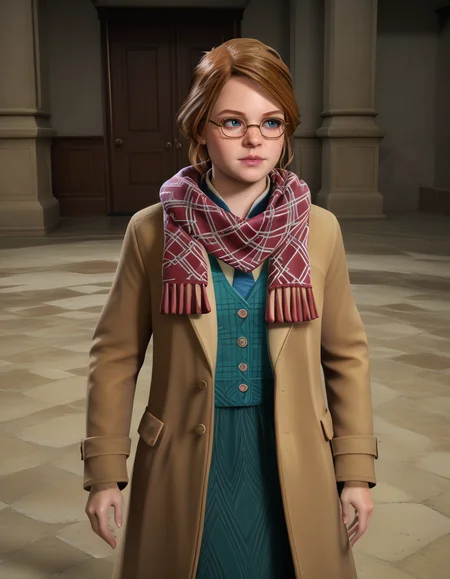 Masterpiece, high-res, 2k, best quality, realistic, 3d, anastasiahw , glasses, freckles , outfit 2, scarf, coat  <lora:anastasiahw_pony-000037:1> Hands on the waist looking to the side