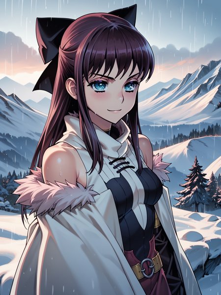 (cowboy shot, solo:1.1) <lora:happy_tentacle-elseria-v0.5-000020:1>, ht_elseria, hair bow, 1girl, () ( (bare shoulders :1.1) :1.1) ( , , ( :1.2) , seductive smile , (looking at another:1.2) :1.1) , outdoors, vegetation, ( :1.1), winter, snow , (dusk :0.6), rain , (:0.5), , (gothic architecture :0.8), (mountainous horizon :1.2) (( from above :1.2) :0.8) score_9, score_8_up, score_7_up, score_6_up, score_5_up, score_4_up, [(realistic, photorealistic:1.2):(realistic:1.2):20] [(3d:1.2)::14] <lora:LUUNA's Lunas-NijiJourney-SDXL-B2:0.5>, nijijourney <lora:prgfrg23's Counterfeit-V3.0 Style SDXL_LoRA_Pony Diffusion V6 XL:0.3> <lora:mfcg's mfcgXL:0.12> <lora:reweik's gyokai(himehajime)_PonyXL_style_v01:0.14>