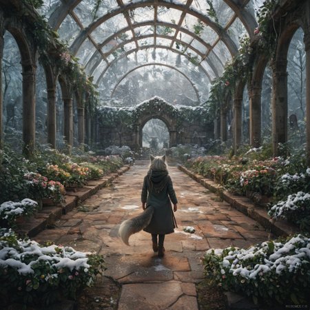 score_9, score_8_up, score_7_up,  fullbody, 1girl, furry, anthro, gray fur, wolf tail, wolf, solo, fullbody, backview, looking arround in wonder, masterpiece, best quality, very aesthetic, close up, gray hair, gray twin braids, green eyes, standing in the ruins of botanic garden with glass ceiling, overgrown, trees, frozen flowers, plants,  broken glas, snow patches ray of light, dark sky, low light, white snow, (postapocalyptic city), d, dark, worried, concerne, ragged winter clothes
