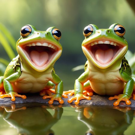 photorealistic  by ((( Monika Macdonald ) and  Cynthia Sheppard ) and  Ted Nasmith ) and  Mitch Dobrowner  of  man holding up two cute frogs while laughing maniacally, dual wielding frogs <lora:happy:0.25><lora:maniacal_laughter:1.75><lora:dual_pistols:0.35> , shallow depth of field