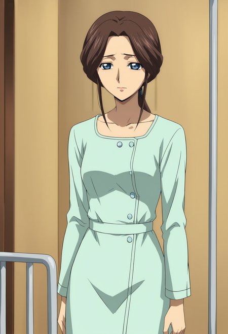<lora:Kallens_Mother-Code_Geass:0.75>,km,mature famale,1girl,solo,brown hair,blue eyes,long hair,ponytail,hospital gown,looking at viewer,indoors,nervous, arms at sides,