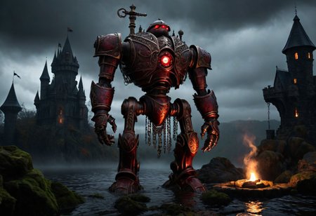 giant bipedal robot dirty apple red and dark amber, bronze paisley robot. lacy robot smoking forge head. outside of a steampunk keep. large detailed torso. dark image. one forty foot tall ancient robot with great arms and two heavy spring legs. dark foggy night background. $dark foggy night image only. dark photo realistic image. steampunk details. cogs, chains and pipes incorporated in the fantasy buildings. magic wizards tower in background. Dark swamp, moss, castle ruins, wizards tower. stormy dark night.  stormy sky.