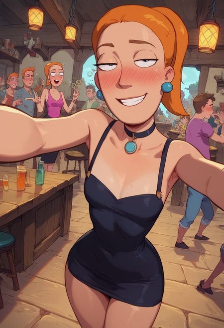 score_9, score_8_up, score_7_up, pinup girl pose, Expressiveh, summer in a crowded tavern, summer.smith, orange hair,1girl, ponytail, solo, party black dress, 1girl, shaggy, perfect face, curvy,  petite body, wide hips, thick thighs,
perky chest,
cute, drunk, tired, unfocused, drunk selfie, dazed, smile,
standing, close up,
aesthetic, dramatic angle, unique perspective, unique angle, comic book angle and perspective, wide angle, perfect hands, v, in a crowded tavern, surrounded by men