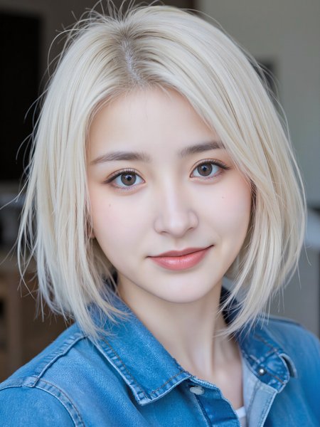 a woman, white hair, blue shirt, light smile, portrait, blurred background