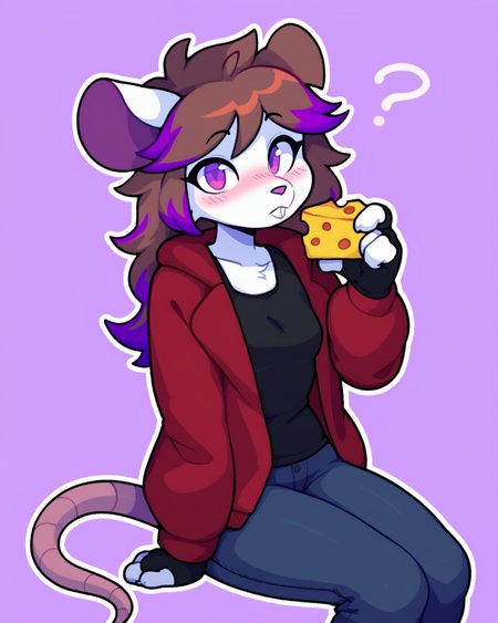 score_9_up, score_8_up, score_7_up, score_6_up, female, brown hair, multicolored hair, purple highlights, purple eyes, buckteeth, mouse, white fur, small breasts, furry, red jacket, black tank top,  black jeans, fingerless gloves, looking at viewer, blush, cheese, cheese wedge, holding cheese wedge, sitting,  question mark, head tilt, solo, three-quarter view, simple background, white outline, <lora:Leah_Pines(AIM)_XL_v1:0.15> <lora:PDXL_artist_tags_v2_big:0.5> <lora:The-Minuscule-Task_PDXL_v1.0:0.6>  <lora:Millie_justm1llie:0.65>