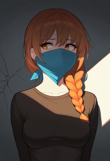 masterpiece, best quality, amazing quality, very aesthetic, absurdres,
1girl, medium breasts, shirt, single braid, hair over shoulder,
solo, upper body, crack of light, dark, looking to the side, light rays,
over the nose gag, 
 <lora:otnreformillusxl1-10:1>