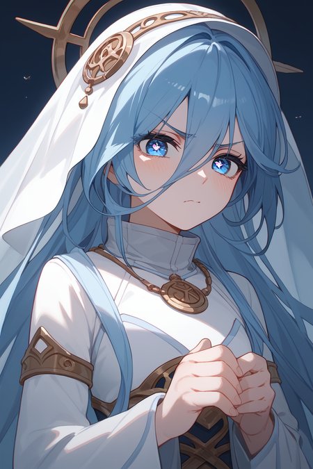 (score_9,score_8_up,score_7_up,),<lora:wushen-000018:0.9>,wushen,blue eyes,symbol-shaped pupils,blue hair,long hair,veil,hair ornament,white dress,jewelry,anklet,pantyhose,white dress,face focus,upper body,disgust,