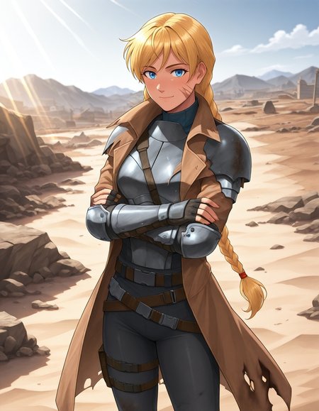 masterpiece, best quality, newest, absurdres, highres, detailed eyes, beautiful, detailed background, perfect eyes, (by leonzo), <lora:SlavYasIll:0.8> SlavYas, SlavYas, long braids, twin braids, hair tie, blonde hair, blue eyes,
RangerArmorStyle, veteran ranger armor, trench coat, grey armor, (torn clothes, damaged clothes:1.2), knee pads, elbow pads, fingerless gloves, scars across body,
(Arms wrapped around the body looking cozy),
slight smile,
wasteland, sand, ruins, (wrecks), buildings, town, woman, looking at viewer, medium breasts, cowboy shot, slim physique, fit, athletic, blurred background, sky, clouds, sunlight, outdoor, detailed, realistic style, bright lighting, summer, nature, casual, sunlight reflection, detailed background, soft shading, smooth textures, semi-realistic, environmental details, scenic,
<lora:Dramatic Lighting Slider:2.5>  <lora:add-detail-xl:3> <lora:FNV_Ranger_Armor:1>  <lora:Wasteland_Vixens:0.8>