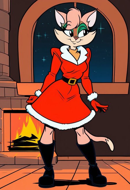 score_9, score_8_up, score_7_up, score_6_up, score_5_up, score_4_up, retro artstyle, BREAK 
Tabitha_Fantomcat,cat girl,short hair,1girl, red dress, furry female, dress, smile, furry, solo, christmas,black eyes, pink fur, night, fur trim, fire, fur-trimmed dress, animal ears, long sleeves, animal nose, window, breasts, boots, santa costume, standing, black footwear, fireplace, gloves, fur-trimmed sleeves,short hair, sky, star \(sky\), bag, alternate costume, looking to the side, closed mouth, night sky, belt, happy, santa dress, small breasts, indoors, medium breasts
<lora:tabitha-v1:1>