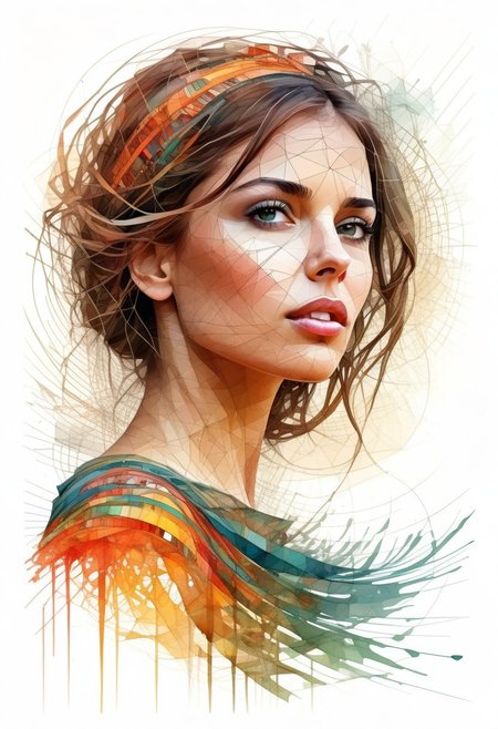 A beautiful girl, digital watercolor Illustration, summers cape sunrise, complex contrast, highly details, geometric Bauhaus abstract vector fractal, in style of Carne Griffiths, triadic colors, wave function