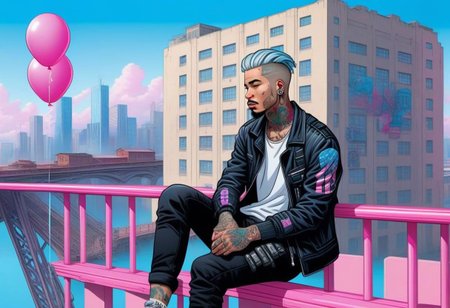 anime, a man with tattoos on his face rested on the railing of a bridge, city day, holiday, pink and blue balloons, a bridge with wooden columns and arches, a wooden floor ,(((light silver hair))), 
a couple of large buildings, pink background, day, tall buildings, cyberpunk, cyberpunk art, retrofuturism<lora:Cyberpunk _Anime_sdxl:1.0>, vfx environment, ambient occlusion, highlights, corect eyes, black jacket with bedding,(((high - rise buildings)))