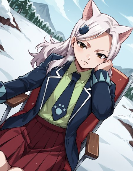 score_9, score_8_up, score_7_up, source_anime, <lora:fairytail-carla-anime-ponyxl-lora-nochekaiser:1>, fairy tail carla, long hair, hair ornament, animal ears, brown eyes, white hair, cat ears,, skirt, school uniform, jacket, tail, necktie, red skirt, shirt, green shirt, collared shirt, long sleeves,, snow day, winter clothes, snowball fight, laughter, cold breath, white landscape, , looking at viewer, arm resting on back of chair, solo,, cowboy shot, dutch angle