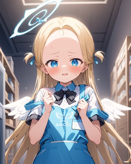 sora \(blue archive\),1girl, headpat, halo, @_@, id_card, two_side_up, blush, strap_slip, blurry_background, pov_hands, solo_focus, looking_at_viewer, forehead, open_mouth, short_sleeves, disembodied_limb, black_bowtie, indoors, hand_on_another's_head, white_shirt, blue_apron, shop, collared_shirt, tears, striped_bow, v_arms, angel_wings
<lora:sora_(blue_archive)_image805_2023-12-03-000015:1>halo. gorgeous,key visual, vibrant, studio anime,award-winning, professional, highly detailed,high budget, cinemascope