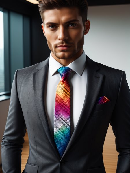 man wearing a colorful madmze necktie and white shirt and black suit in office  <lora:Colorful_Maze_Pattern_SDXL:1>, masterpiece, best quality, ultra high res, (photorealistic, realistic:1.2), deep shadow, raw photo, film grain, Fujifilm XT3, 8k uhd, dslr